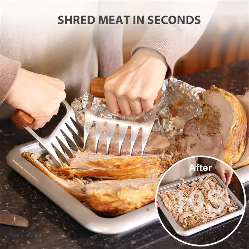 Metal Meat Shredder Claws | 18/8 Stainless Steel Meat Forks with Wooden Handle | Shredding, Pulling, Handing, Lifting & Serving