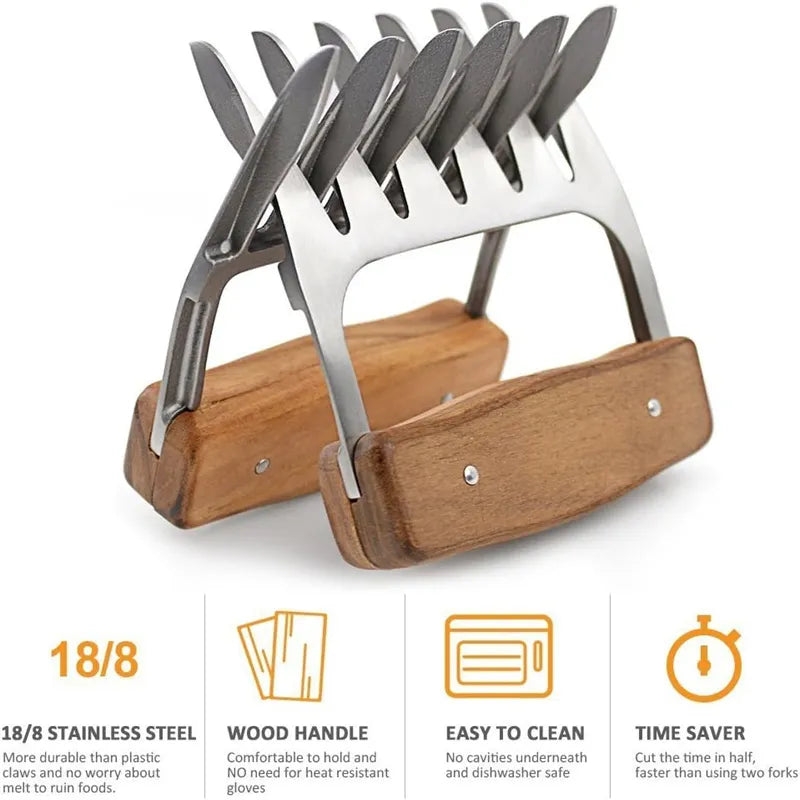 Metal Meat Shredder Claws | 18/8 Stainless Steel Meat Forks with Wooden Handle | Shredding, Pulling, Handing, Lifting & Serving