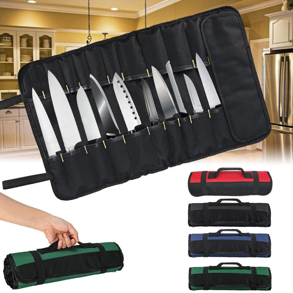 Knife Roll | 4 Color Choice | Chef Knife Bag Roll | Carry Case Bag | Kitchen Cooking | Portable Durable Storage | 22 Pockets | Red Black Blue Green