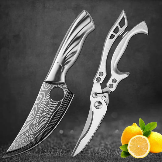 Cleaver and Shear Set | Damascus Stainless Steel Cleaver Knife | Meat Fruit Boning | Kitchen Chef Knife | Chicken Bone Scissors